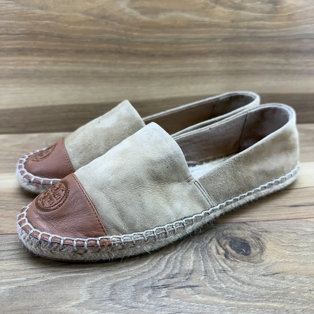 Tory Burch Espadrilles Flats 7 Tan Suede Cap Toe Slip On Vacation Resort Summer